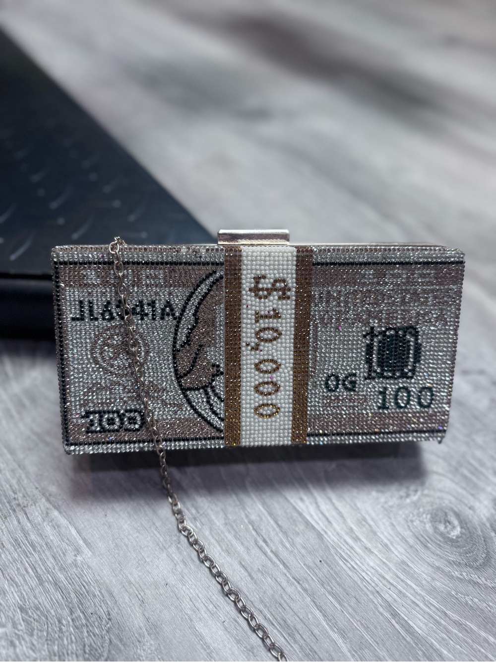 Crystal Money-Print Evening Clutch in Silver